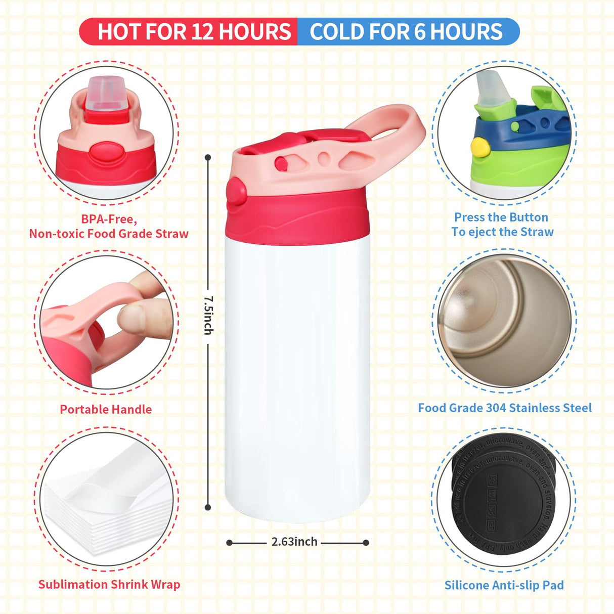 Gekestory Kids Sublimation Tumblers, Sublimation Sippy Cup Blank, 6 PACK 12oz Sublimation Water Bottle Blanks for DIY Crafting Gift (6) Gekestory