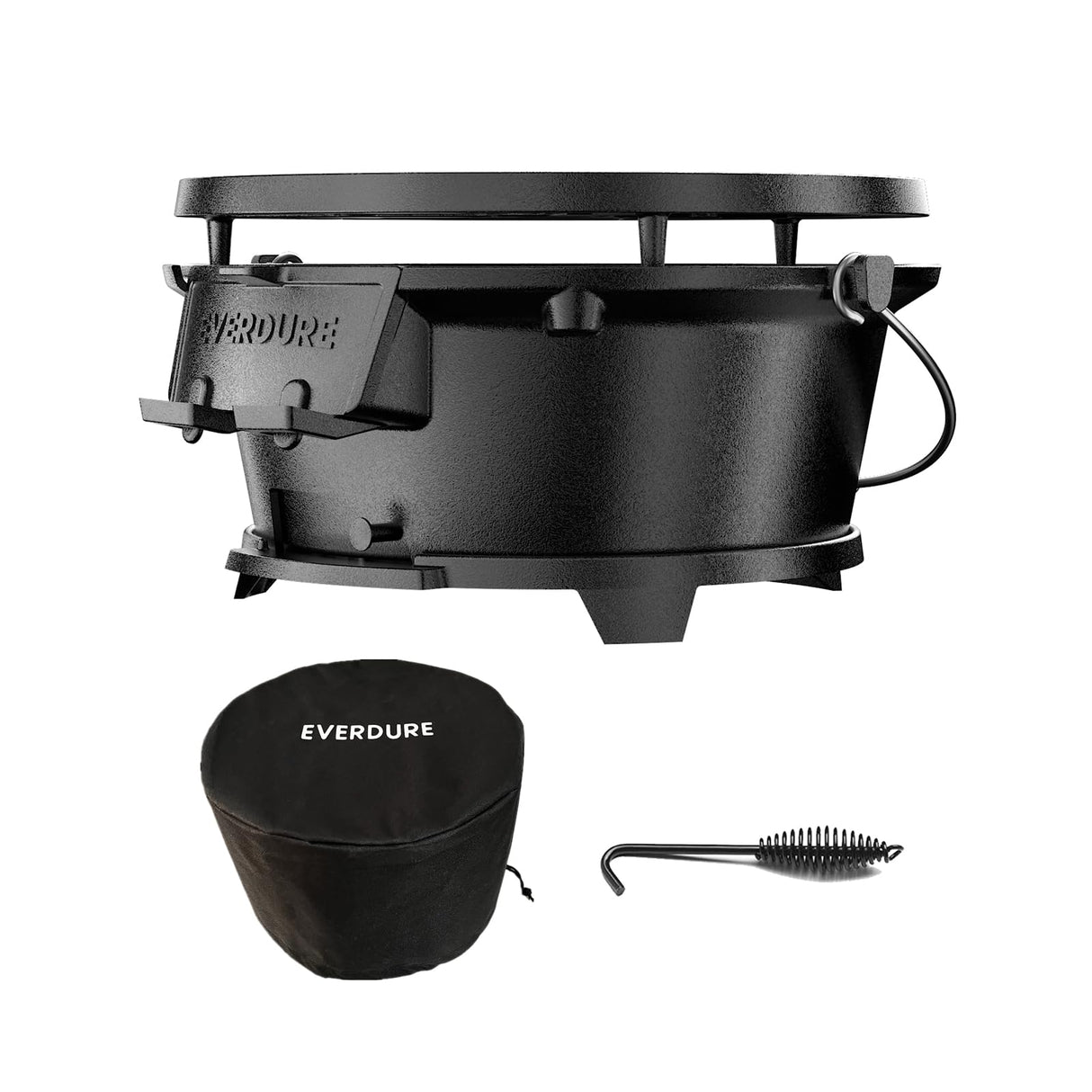 Everdure Round Cast Iron Grill & Cover – Outdoor, 2-In-1 Portable, Tabletop Grill and Griddle - 100% Cast Iron, Enameled, Durable, Small Charcoal Grill, Camping Stove or Hibachi Grill Everdure