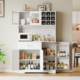 HOOBRO Pantry Cabinet with LED Lights and Charging Station, Kitchen Pantry Cabinet, 71" Tall Farmhouse Pantry with Microwave Shelf, Door Shelves, Wine Rack and Glass Holder, White WT10UDPC01 HOOBRO