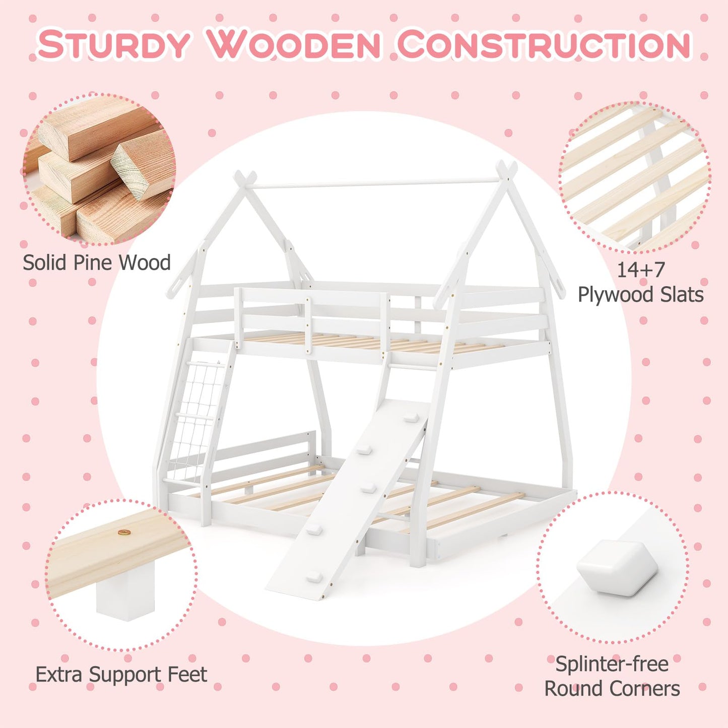 Costzon House-Shaped Twin Over Queen Bunk Bed with Climbing Nets and Ramp - White Wooden Kids Bed - WoodArtSupply