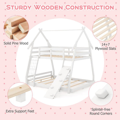 Costzon House-Shaped Twin Over Queen Bunk Bed with Climbing Nets and Ramp - White Wooden Kids Bed - WoodArtSupply