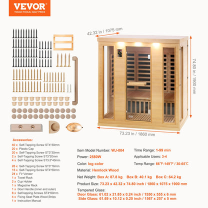 VEVOR 3 to 4 Person Far Infrared Wooden Sauna, Room Home Sauna Spa, Low EMF Far Infrared Hemlock Wood Sauna with Tempered Glass Door & Bluetooth Speakers & Chromotherapy Lights, 2580W Indoor