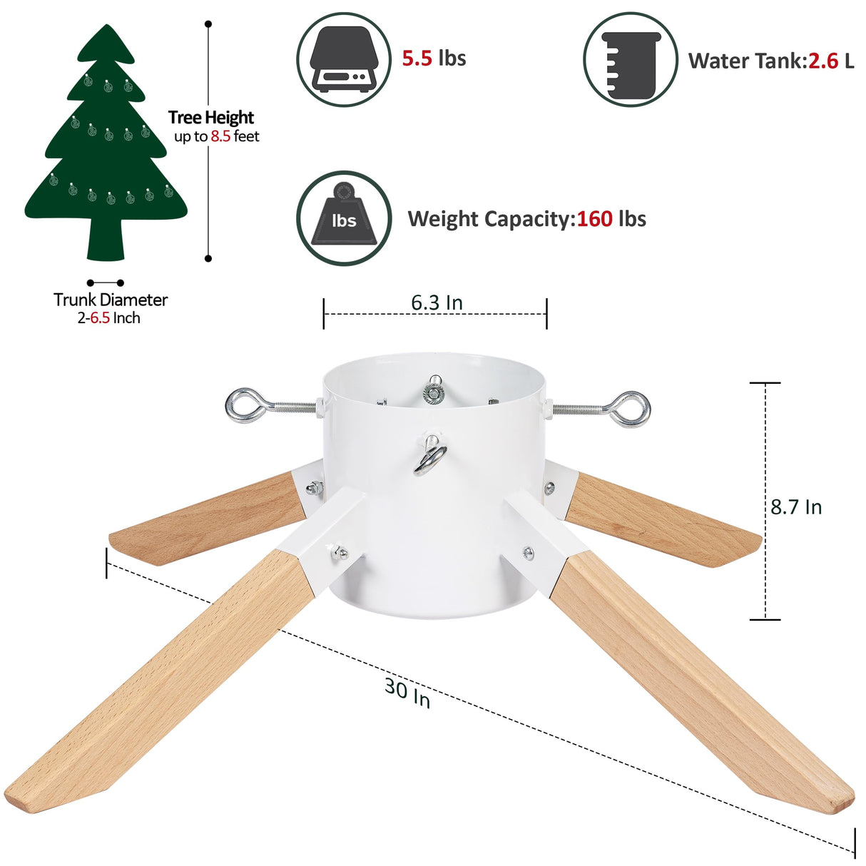 Blissun Christmas Tree Stand for Real Trees, Christmas Tree Holder for Live Tree, Xmas Tree Stand Base, Fits up to 8.5FT Real Trees, White Blissun