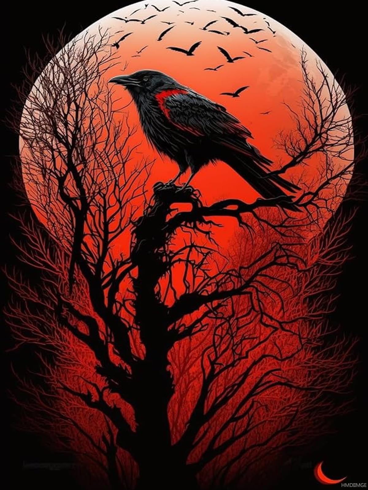 Raven with a Red Moon Diamond Painting, Diamond Art Kit for Beginners, DIY Diamond Painting with Gemstone Crystal Home Wall Decor 12x16 inch HMDIIMGE