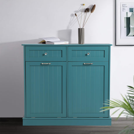 LOUVIXA Tilt Out Trash Can Cabinet with Double Hidden Trash Can Holder, Kitchen Free Standing Recycling Cabinet,Dog Proof Trash Can,Wood, Teal LOUVIXA