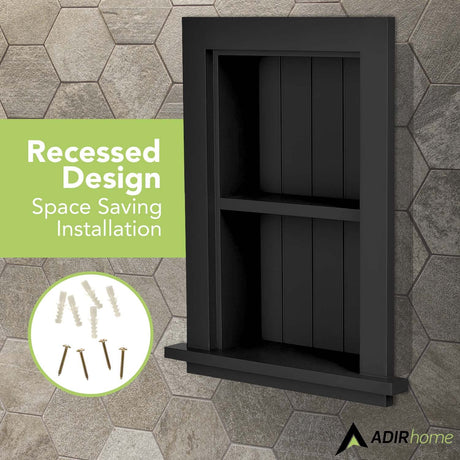 AdirHome Recessed Wall Mount Storage Cabinet – Sturdy Fully Assembled Wooden Utility Storage Shelf – Ideal for Home Kitchen, Bathroom, Laundry, Medicine Cabinet (Black) AdirHome