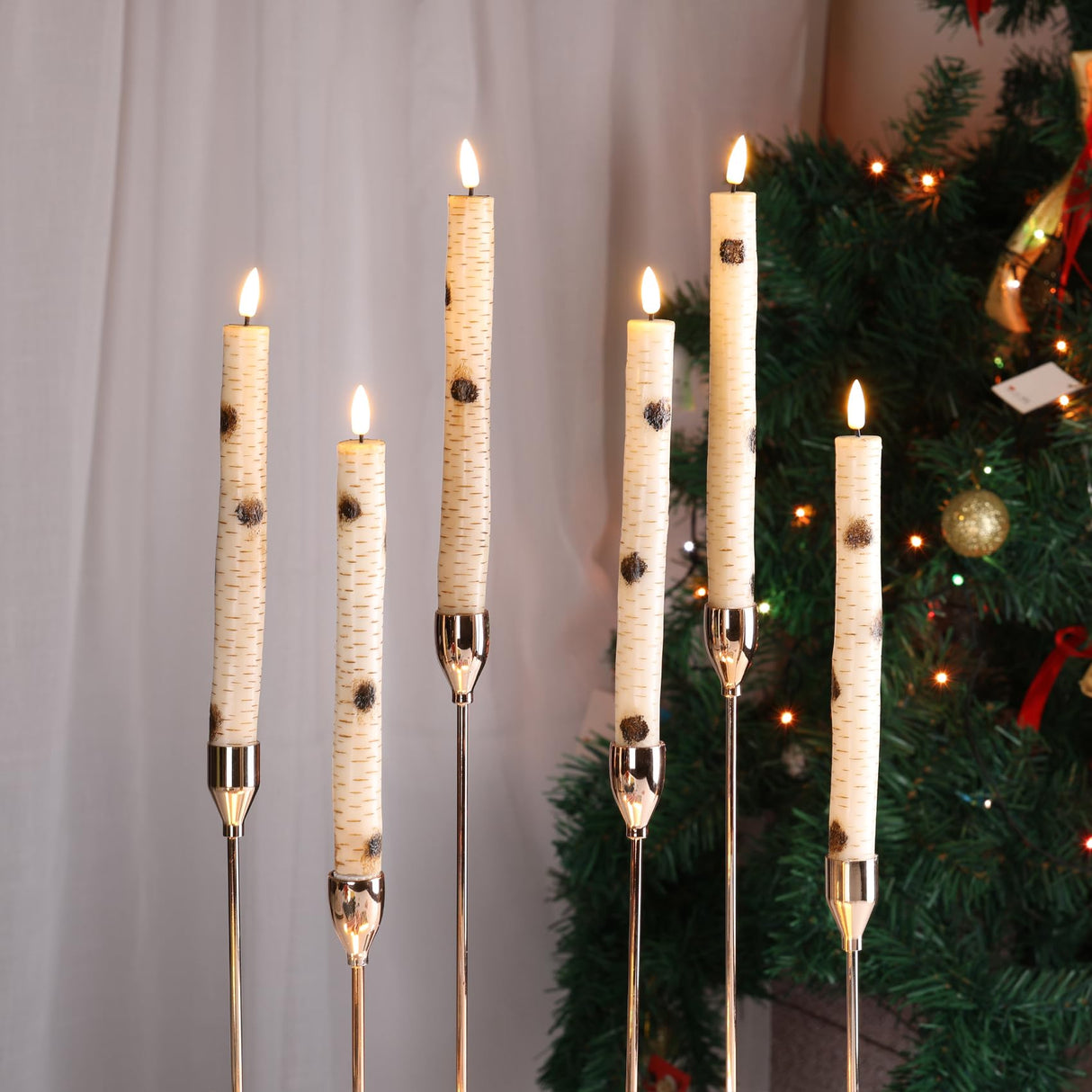 Eywamage Birch Bark LED Taper Candles with Remote, Battery Operated Wood Candles, LED Wax Candlesticks Set of 6 Eywamage