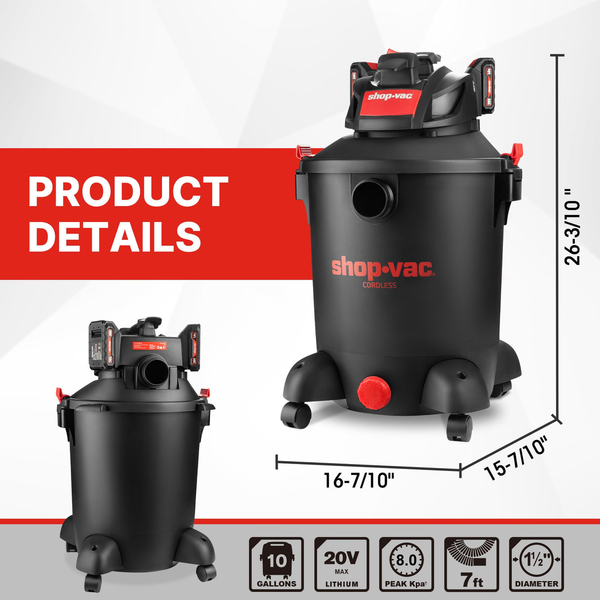 Shop-Vac 10 Gallon Wet Dry Vacuum Cleaner, 8.0 Peak Kpa Shop Vacuum with Blower Function, Cordless Vacuum Cleaner for Pet Hair, Jobsite, Garage, Home & Workshop Shop-Vac