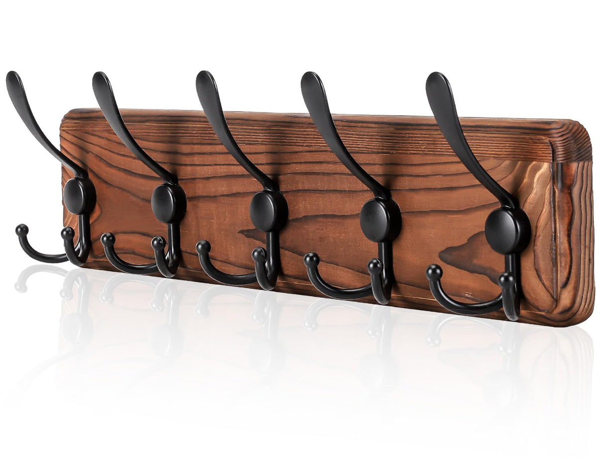 Gohiuo Rustic Wall Mount Coat Rack, Coat Hooks Wall Mount Wood Coat Rack with 5 Triple Hooks, Heavy Duty Wooden Wall Mounted Coat Hanger for Entryway, Farmhouse Hanging Coats, Hats, Bags,Towels Gohiuo