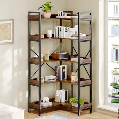 GRUSIGN 5-Tier Corner Bookshelf - Modern Tall Corner Bookcase with Sturdy Metal Frame, Large Storage L Shaped Bookshelf for Living Room/Home Office/Bedroom, Space-Saving Design, Rustic Brown GRUSIGN