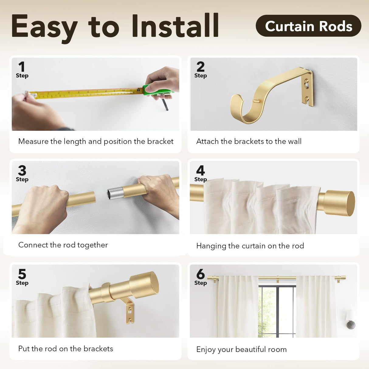 IFELS Heavy Duty Curtain Rods for Windows 66 to 120 Inch, 1 Inch Gold Curtain Rods for Outdoor, Farmhouse, Bedroom, Kitchen, Living Room, Adjustable Easy Install Curtain Rods (A2,Gold,30"-120") IFELS