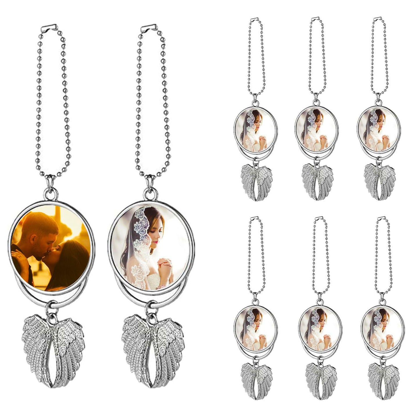 8 Set Silver Angel Wing Sublimation Blank Car Hanging Ornament Charms Heat Transfer Blank Photo Frame Pendants Customize Keychain for Automobile Rearview Mirror Home Window Ornaments