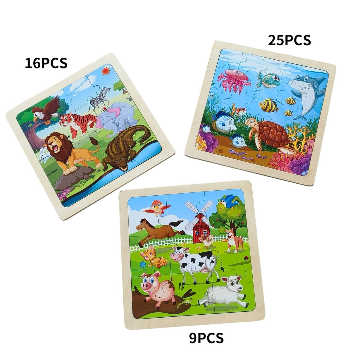 Wooden Jigsaw Puzzle Set of 3 pcs, Farm Jungle and Sea Animals Level up Puzzles Difficulty from 9 pcs to 16 pcs 25 pcs Educational Preschool Toys Gifts OLYDAUS