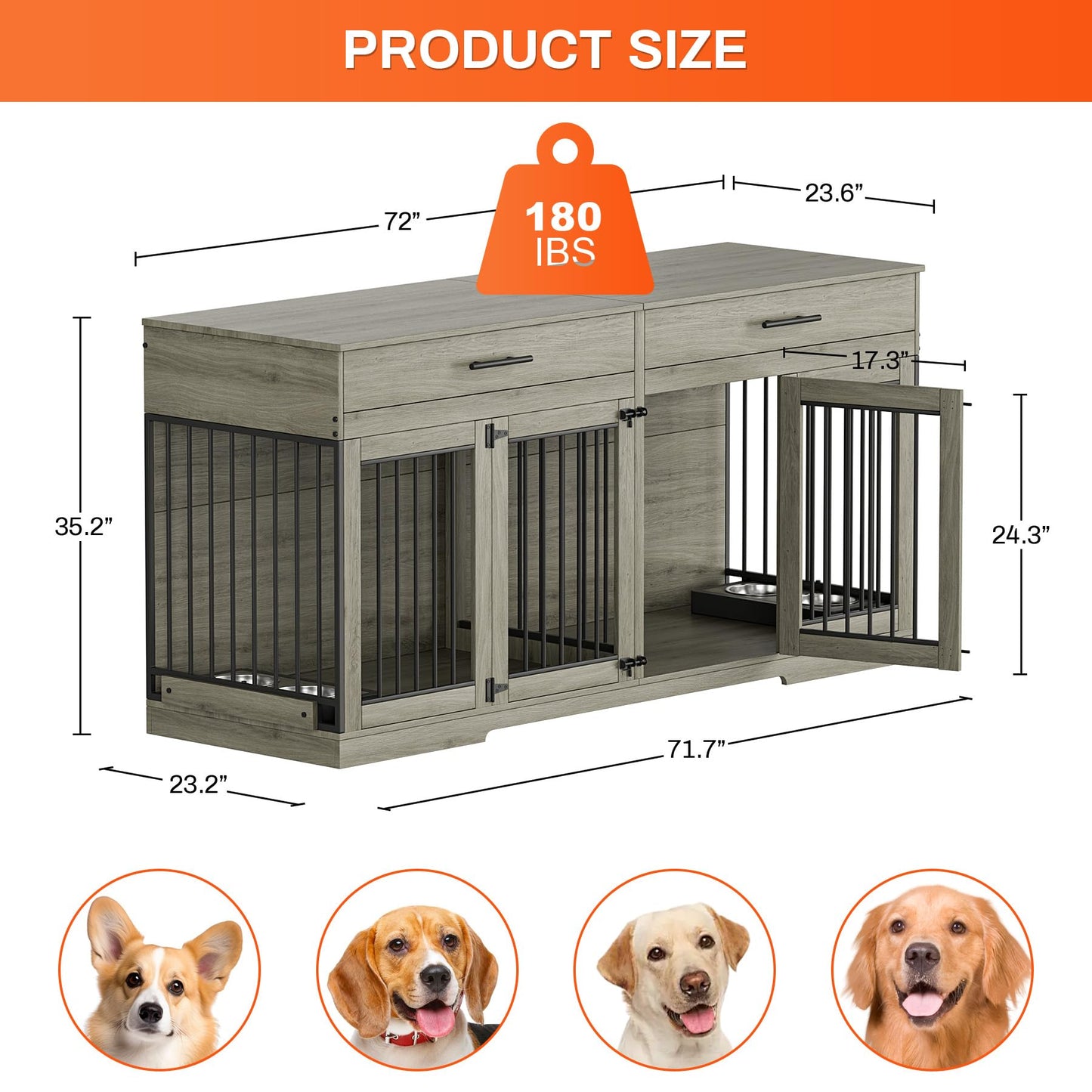 Rophefx Large Dog Crate Furniture for 2 Dogs, 72" Double Dog Kennel Indoor Furniture with 2 Storage Drawers and Removable Divider, Wooden Dog Cage with 4 Bowls, Dog House TV Stand, Rustic Grey