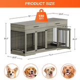 Rophefx Large Dog Crate Furniture for 2 Dogs, 72" Double Dog Kennel Indoor Furniture with 2 Storage Drawers and Removable Divider, Wooden Dog Cage with 4 Bowls, Dog House TV Stand, Rustic Grey Rophefx