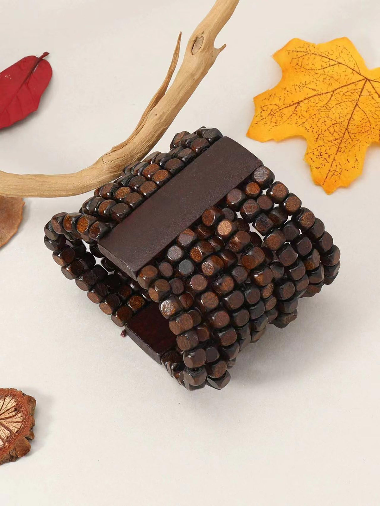 QRH Stretch Wooden Beads Cuff Bracelets Multi Layered Natural Wood Beads Chunky Bangle Wooden Handmade Wide Bracelets Bohemia Jewelry for Women Men-A QRH