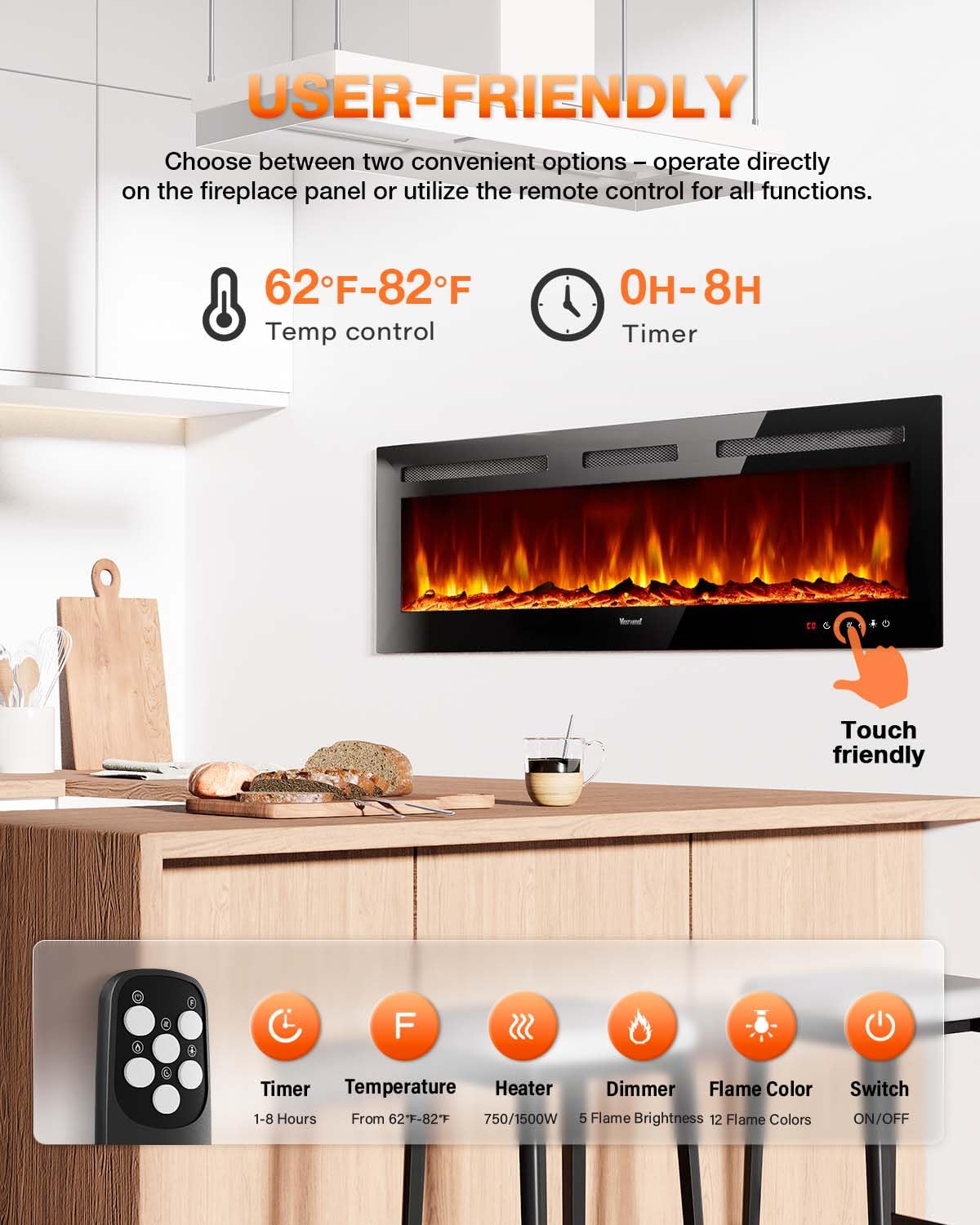 VISVEIL Electric Fireplace 60Inch,Realistic Flame Electric Fireplace Heater,Log Set/Crystal Flames 750-1500W with Timer Inserts/Wall Mounted/TV Stand Touch Screen & Remote for Living Room Easy Install VISVEIL