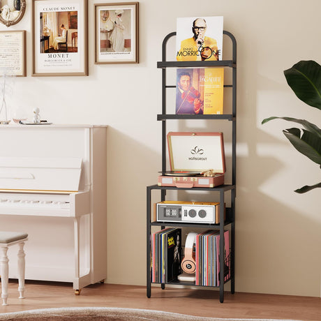 Homsorout Record Player Stand with Vinyl Storage - 5-Tier Turntable Table with Adjustable Feet, Metal & Wood Cabinet - Console Organizer Display Shelf for Living Room, Apartment Homsorout