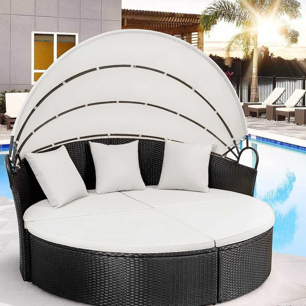 Homall Patio Outdoor Daybed with Retractable Canopy, Rattan Wicker Sectional Seating with Washable Cushions for Patio Backyard Porch Round Daybed Separated Seating (Beige) Homall