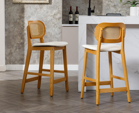 EALSON Counter Height Bar Stools Set of 2 Rattan Back Farmhouse Barstools Mid Century Modern Wood Bar Chairs Comfortable Sherpa Upholstered Kitchen Island Chairs for Pub/Breakfast Bar, Beige EALSON