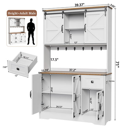 71" Pantry Cabinet, Kitchen Hutch Cabinet with Microwave Stand & Charging Station, Farmhouse Tall Storage Cabinet with Countertop, Floor Cupboard Cabinet, Bar Cabinet with Drawer and Doors, W - WoodArtSupply