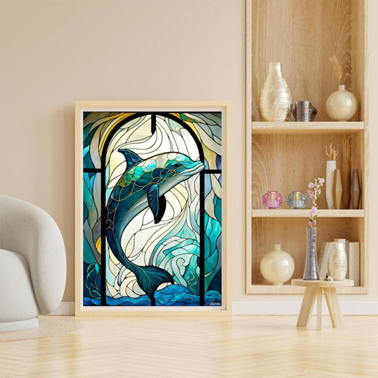 UIBDVKS Dolphin Stained Glass Diamond Painting Art Kits 5D Diamond Painting Dolphin DIY Round Full Drill Dots Diamond Gifts for Home Office Wall Decoration 12x16 inch / 30x40 cm UIBDVKS