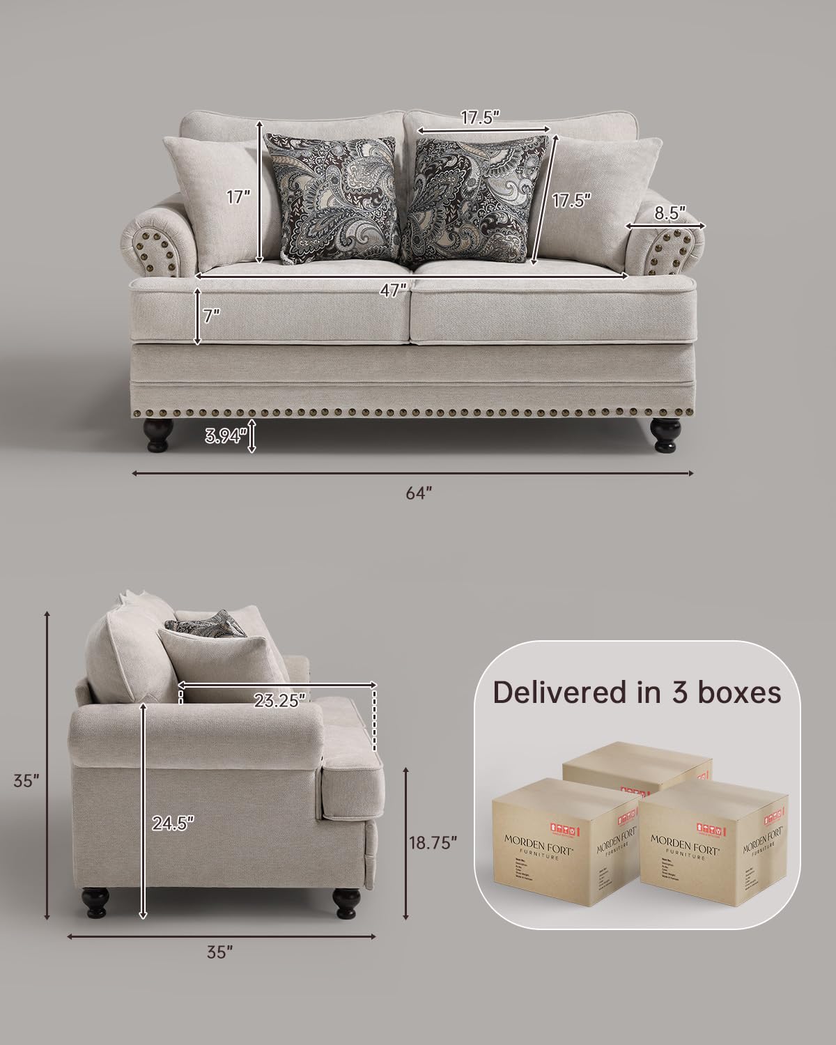 Modern Farmhouse Loveseat Sofa, Chenille Upholstery with Nailhead Trim, Small Couch for Living Room, Bedroom, Office, or Apartment, Includes 4 Accent Pillows Farati