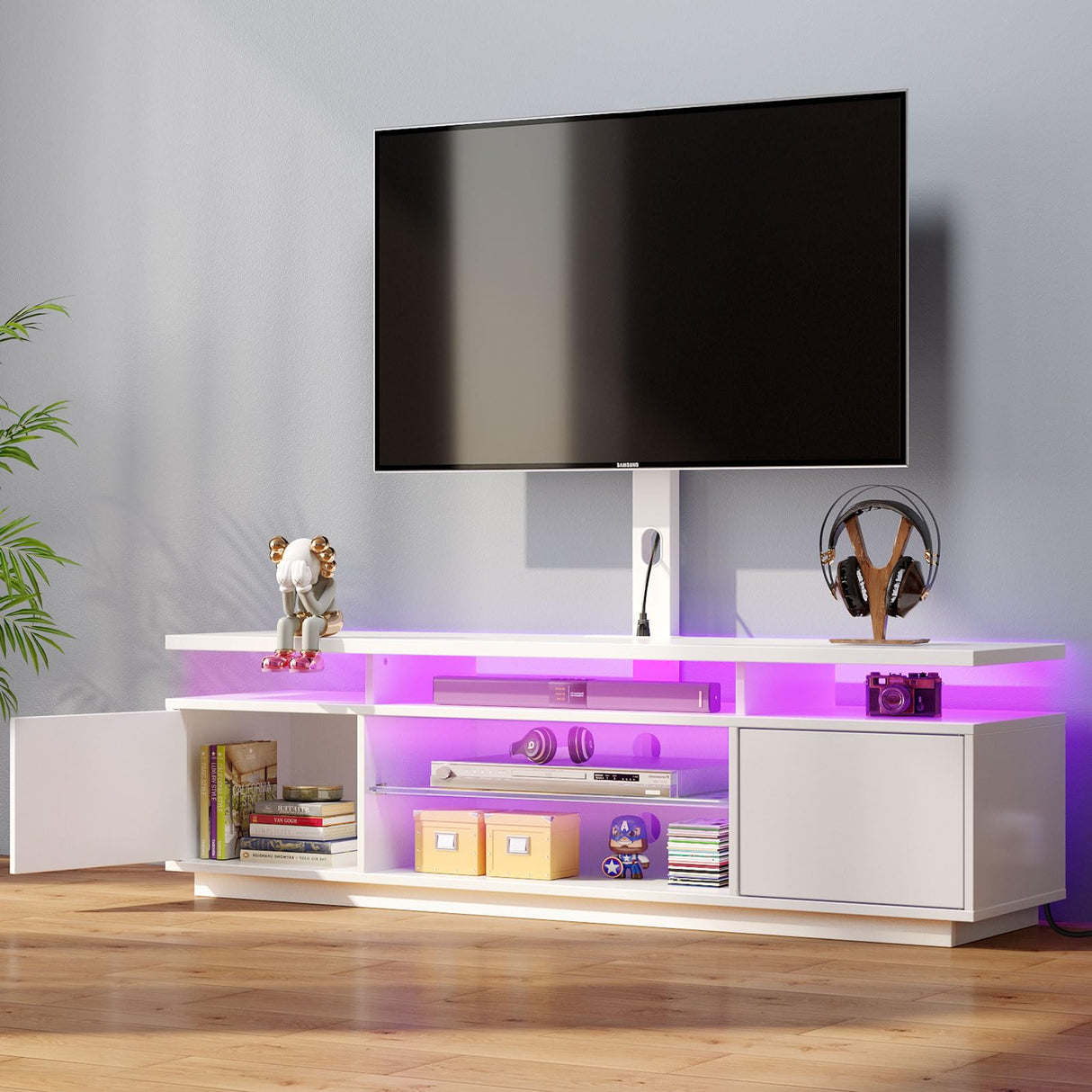 Rolanstar TV Stand with Mount and Power Outlet 51.2", Swivel TV Stand Mount for 32/45/55/60/65/70 inch TVs, Height Adjustable Modern Entertainment Center with Storage & LED Lights, TV Table White Rolanstar