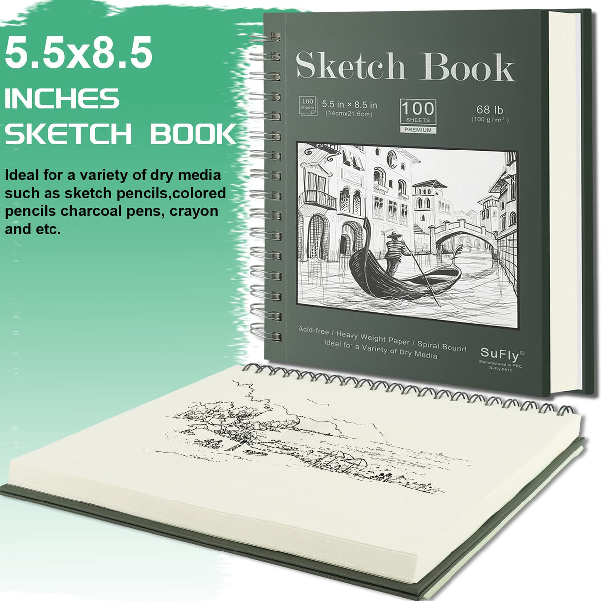 Sketch Book 5.5 X 8.5, Spiral Sketchbook Pack of 2, SuFly 200 Sheets (68 lb/100gsm) Acid Free Sketch Pads for Drawing for Adults Spiral Bound with Hard Cover for Kids & Adults, 100 Sheets Each SuFly