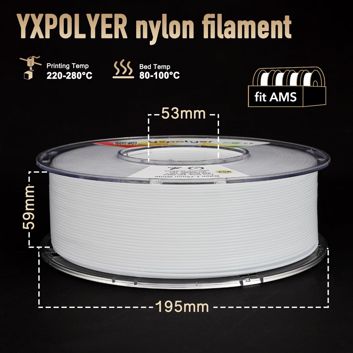 YXPOLYER 3D Printer Filament Nylon Filament PA6 2.2 lbs 1kg White Nylon with Heat-Resistant AMS-Compatible Spool, 3D Printing Filament Easy PA 1.75mm yxpolyer