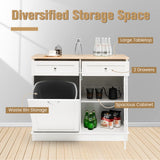 LOKO Tilt Out Trash Cabinet, Kitchen Trash Cabinet with 2 Drawers & Adjustable Shelf, Pet Proof Trash Can Cabinet with Rubber Wood Tabletop, 39.5 x 14 x 35.5 inches (White) LOKO