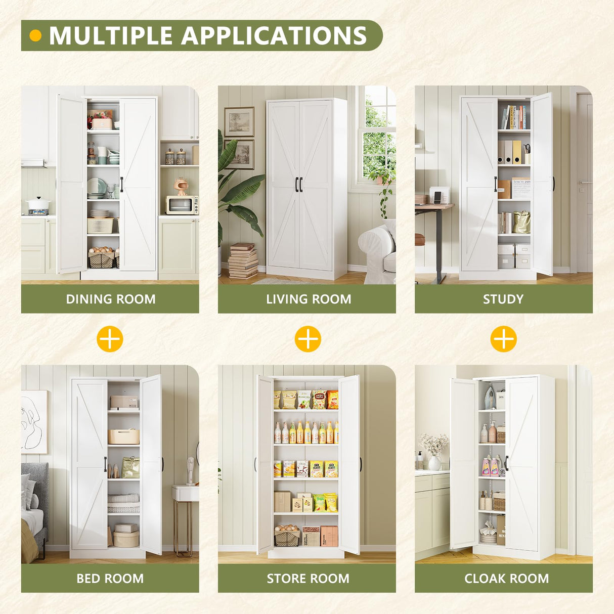 RAVIGIN Farmhouse Storage Cabinet,75" H Metal Pantry Cabinet with Barn Doors and Adjustable Shelves,75" H 6-Tier Rustic Pantry Organizers for Kitchen,Dining Room,White RAVIGIN