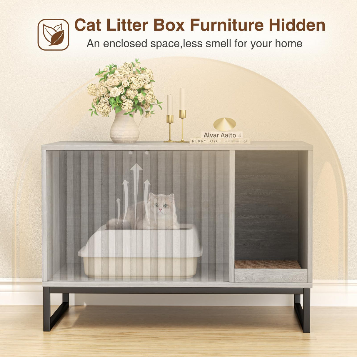 Halitaa Litter Box Enclosure, Modern Cat Litter Box Enclosure Furniture Hidden Litter Box with Cat Scratch Pad, Cat Washroom Cat House End Table, Entryway Bench for Livingroom (Grey) Halitaa