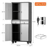 METALYEYE 71''H Metal Storage Cabinet with Wheels & Pegboard,Rolling Lockable Tool Cabinet with Adjustable Shelves & 2 Drawer for Garage,Offices,Homes,Pantries Assembly Required METALYEYE
