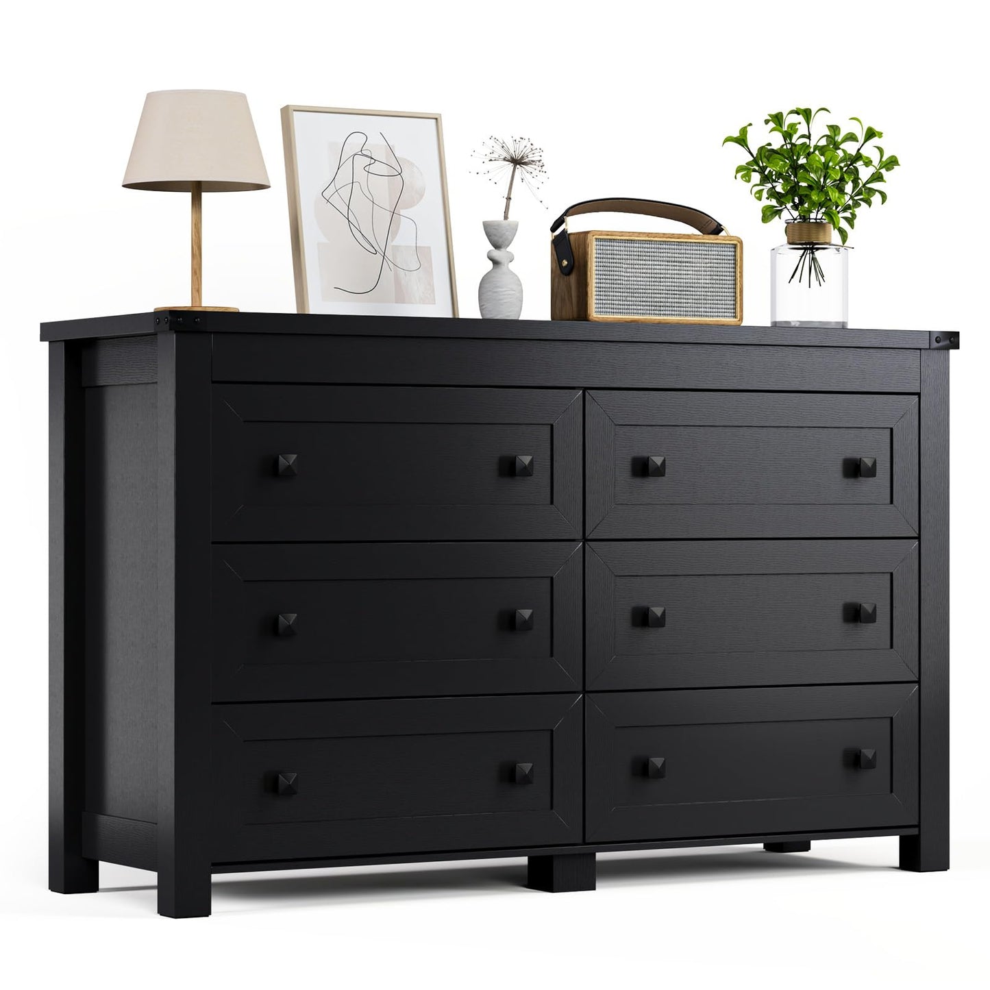 HUANLEGO Black Dresser for Bedroom with 6 Drawers, Modern Chest of Drawers, Wood Dressers Bedroom Furniture Wide Storage Drawers Dressers Organizer for Closet, Living Room, Hallway