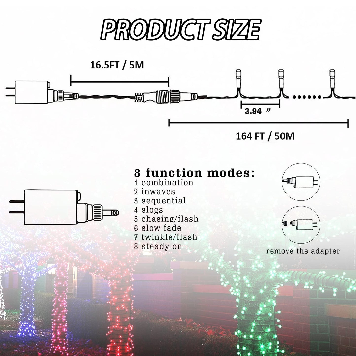 FUNPENY 164FT 500 LED Christmas Indoor Outdoor Decorative String Lights, 8 Modes Waterproof Green Wire LED Fairy Light for Christmas Party Wedding Garden Home Decoration (Warm White)