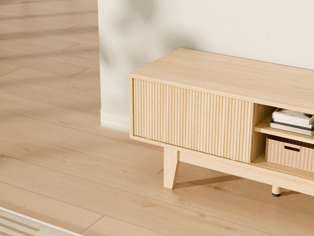 EDWINENE TV Stands for 55 60 65 inch TV, Oak Fluted TV Stand for Living Room Bedroom, Mid Century Modern TV Console Tables, Entertainment Center with Storage Cabinet, Sliding Doors and Open Shelves EDWINENE