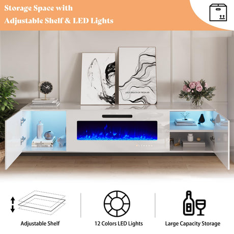 AMERLIFE Floating Fireplace TV Stand, Wall Mounted Mirrored Entertainment Center with 40" Electric Fireplace, Modern LED Lights Media Console for TVs Up to 90", All White AMERLIFE