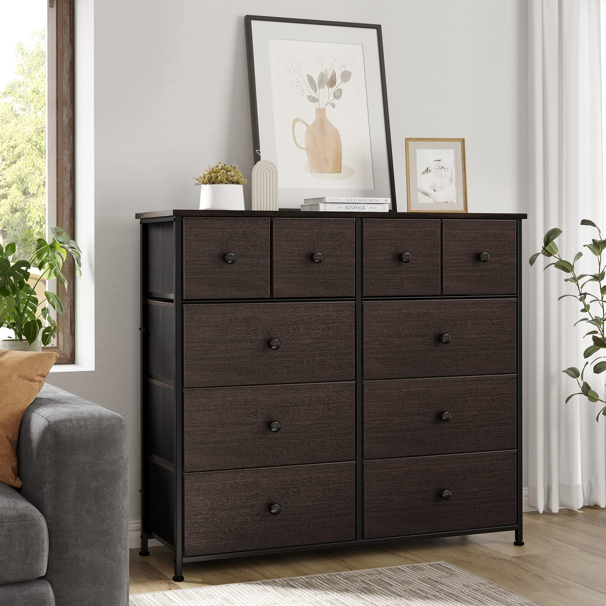 REAHOME 10 Drawer Dresser for Bedroom Faux Leather Chest of Drawers Fabric Dresser with Wooden Top Storage Organizer Unit for Living Room Hallway Entryway Closets (Rustic Brown) REAHOME