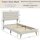 LIKIMIO Twin Bed, Platform Bed Frame with Upholstered Headboard and Wooden Slats Support, No Box Spring Needed, Easy Assembly, Beige LIKIMIO