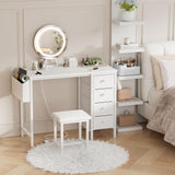 KAI-ROAD White Vanity Desk with Mirror and Light- Makeup Vanity Set Table with Chair, Storage, Lighted Mirror, 4 Large Fabric Drawers & Power Outlet, Dressing Table Vanities for Girls Bedroom KAI-ROAD