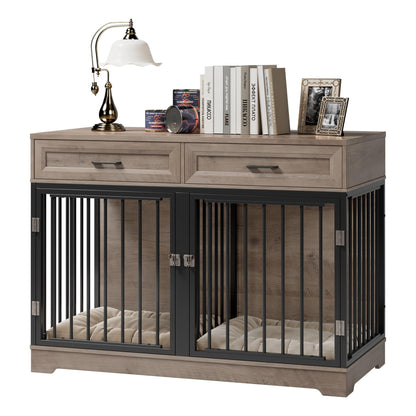 Dog Crate Furniture 47" Wooden Dog Kennels for Dogs Indoor with a Removable Divider for Large/Medium/Small Dogs, 2 Storage Drawers and Large Tabletop Dog Cages Double Doors Dog House, Rustic - WoodArtSupply