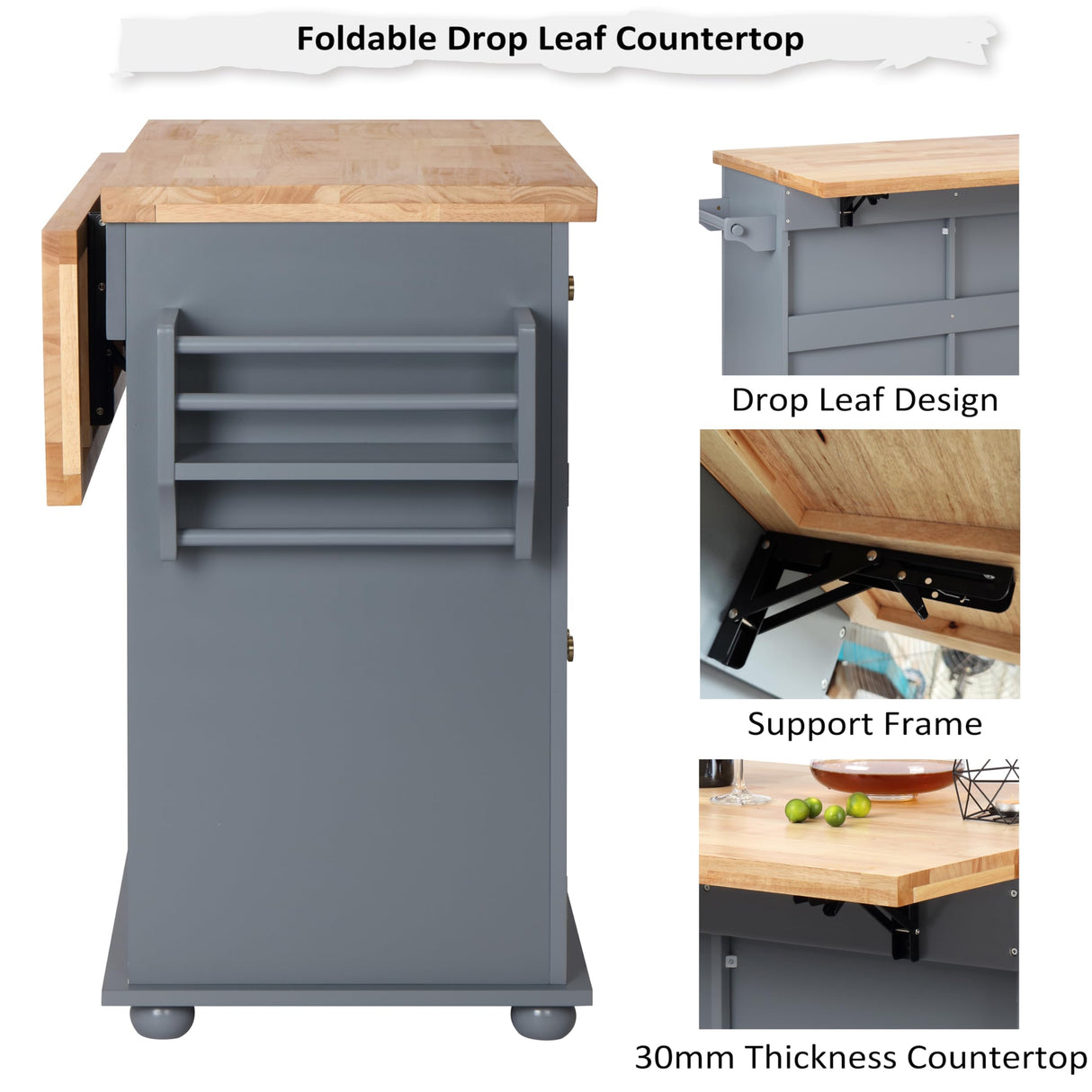 Finnhomy Rolling Kitchen Island With Drop Leaf, Thicken Rubberwood Top, Spice Rack, Towel Rack, Drawer, 43.3" Portable Mobile Kitchen Island Carts Table, Storage Cabinet, Both Wheels and Feet Included Finnhomy