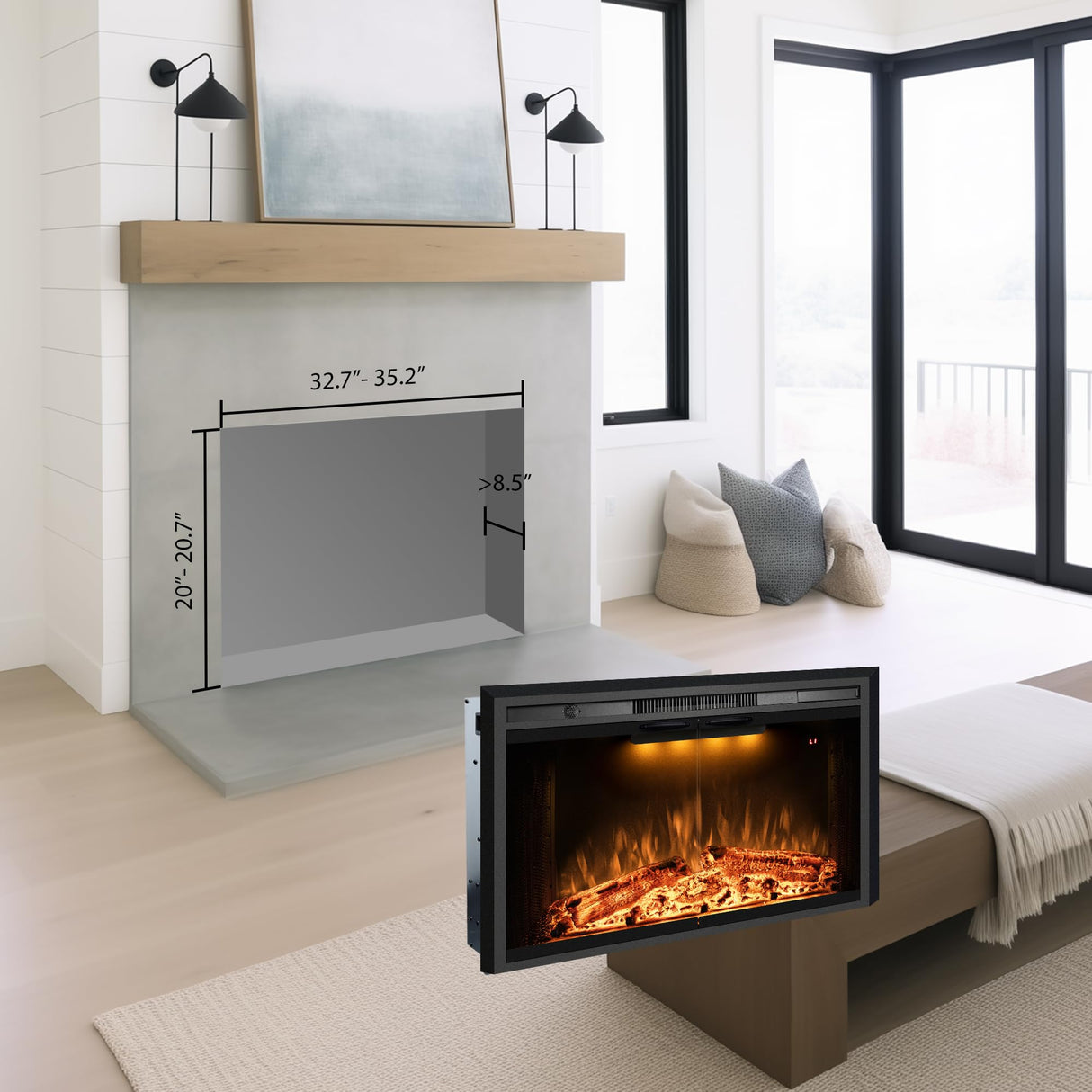 Benrocks 36” Electric Fireplace Inserts with Glass Door and Mesh Screen, Multicolor Flames & Fire Crackling Sounds, Timer, Overheating Protection Fireplace Heater, 750/1500W Benrocks