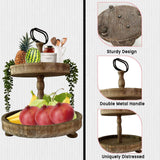 DECORIO Beautiful Farmhouse Slightly Distressed Two Tier Brown Wood Decorative Tray - Tiered Tray Stand - Two Tier Tray Tiered Tray Decor - Tiered Tray Large - 2 Tier Tray - Fall Decor 17" Large Round Decorio Decorate In Style