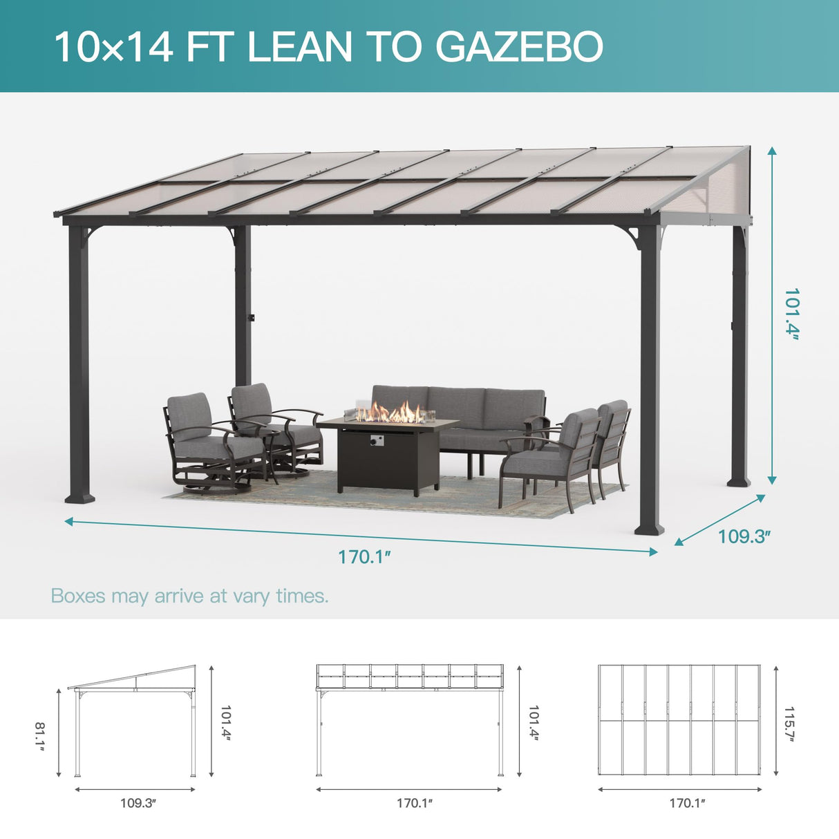 Halmuz 10x14ft Large Lean to Gazebo with Curtains & Netting,Wall Mounted Gazebo with Hard Top & Double Curtains,Metal Frame Garden Tent Suitable for Patio,Yards, Deck,Lawn, Garden,Grass-sand Halmuz