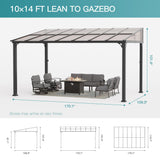 Halmuz 10x14ft Large Lean to Gazebo with Curtains & Netting,Wall Mounted Gazebo with Hard Top & Double Curtains,Metal Frame Garden Tent Suitable for Patio,Yards, Deck,Lawn, Garden,Grass-sand Halmuz