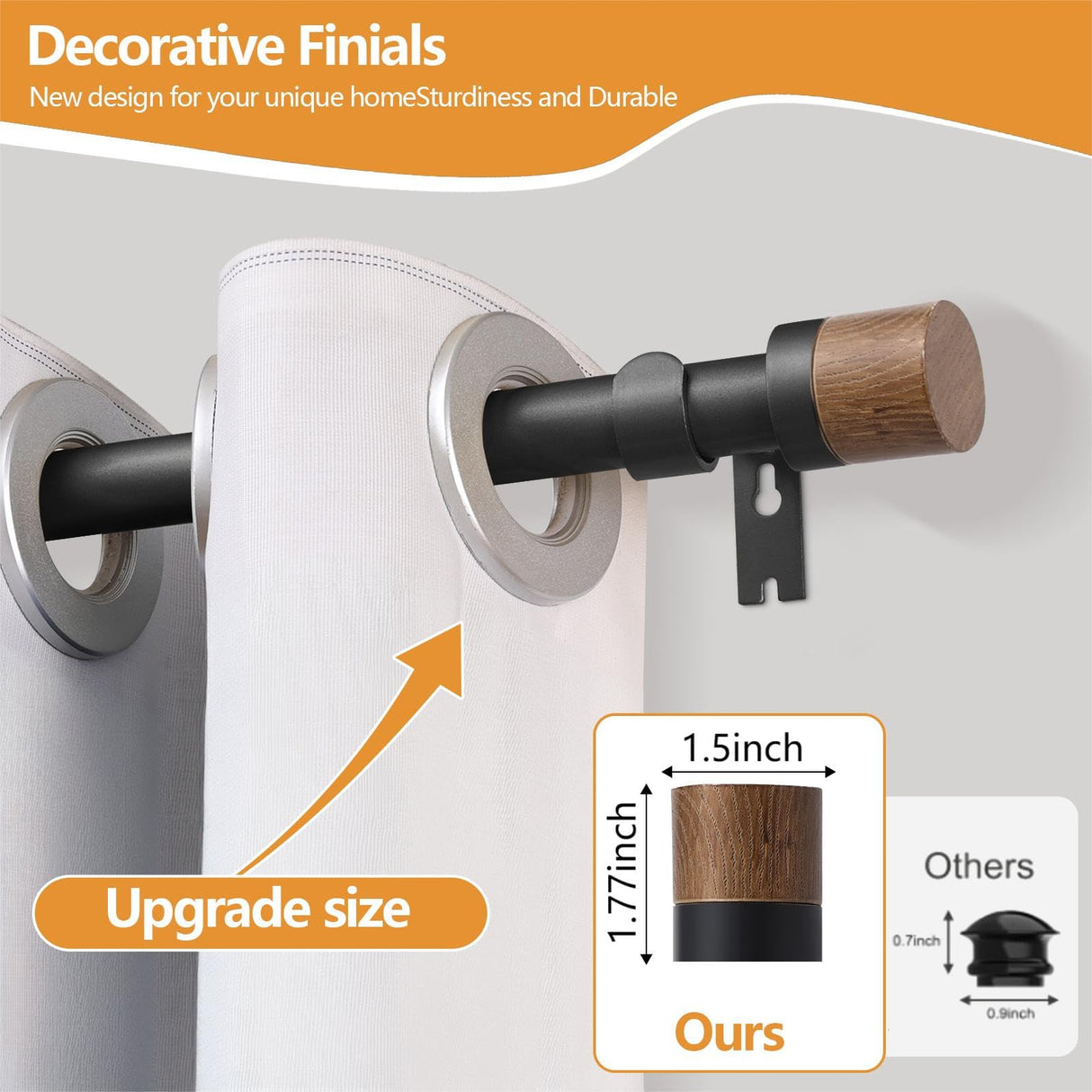 Wood Curtain Rods for Windows 48 to 84 Inches(4-7ft),1 inch Adjustable Window Curtain Rods with Imitation Wood Grain Finials,Heavy Duty Decorative Drapery Rod for Bedroom,Kitchen and patio QITERI