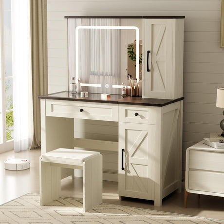 ANWBROAD Farmhouse Makeup Vanity Desk with Mirror and Lights，Glass Tabletop Makeup Vanity Rustic Vanity Table with Stool for Bedroom 3 Colors Dimming Lights with 2 Drawers Antique White UBDT59W ANWBROAD