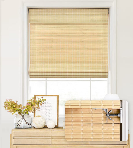 LazBlinds No Tools No Drill Cordless Bamboo Roman Shades, Privacy Window Treatment, Roll Up Bamboo Blinds for Window 26'' W x 64'' H, Natural LazBlinds
